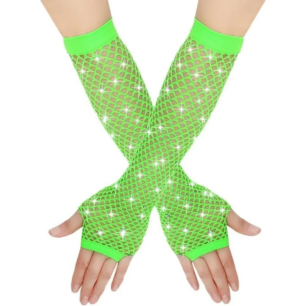 Women's Rhinestones Green Fingerless Fishnet Mesh Long Gloves Party Cosplay